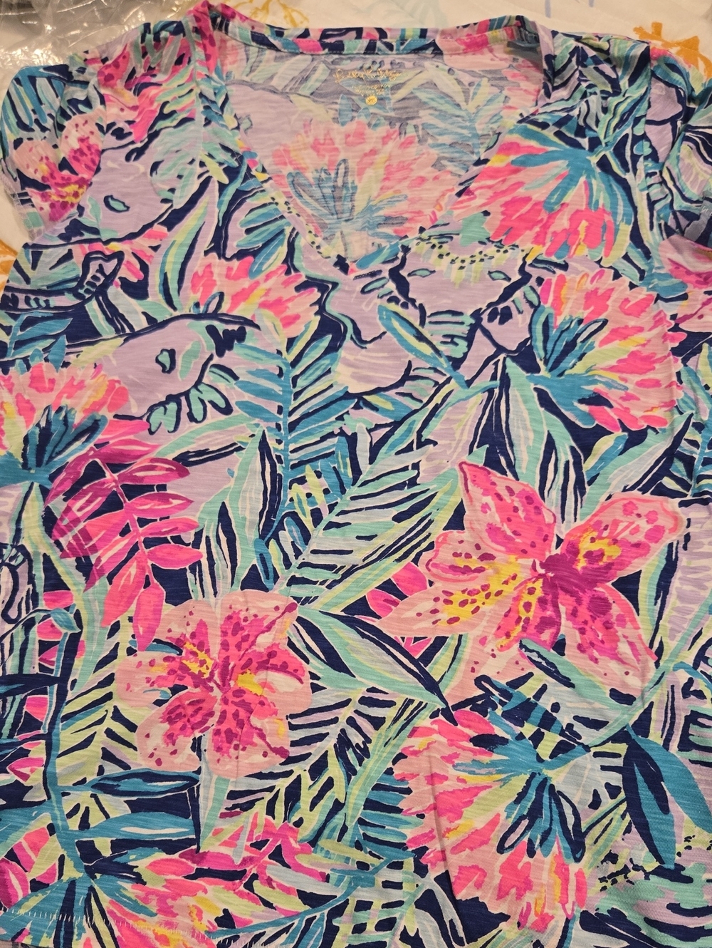 Lillypulitzer Multicolor Floral V-Neck Top - Bright Pink & Blue